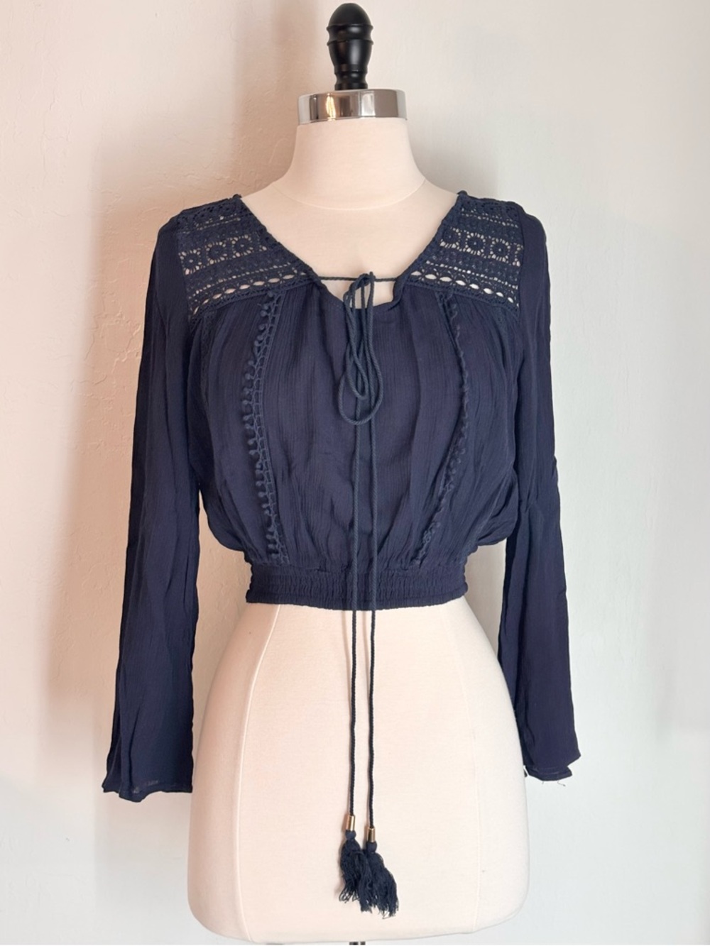 RAGA Navy Blue Crochet-Detail Cropped Peasant Top